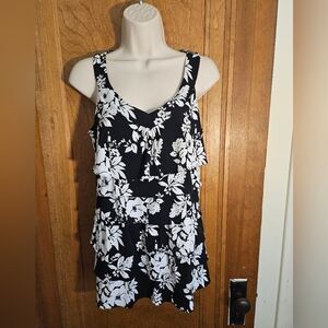 White House Black Market Tank Top, V-Neck, Black, White Floral Layered, S
